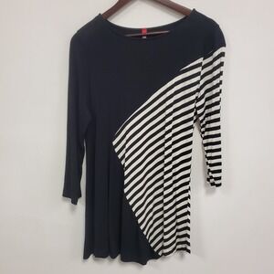 IC Collection Womens 3/4 Sleeve Striped Artsy Tunic Top Size L Black Stretch